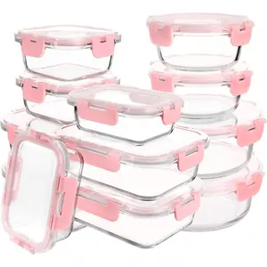 Glass Meal Prep Round Containers Set of 12 Food Storage Containers for Lunches, Dishwasher Safe, Pink Kitchen Rectangle Square Utensils