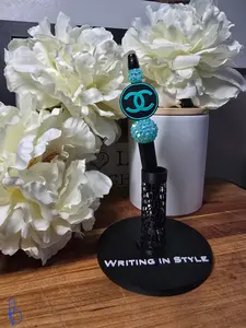 Aqua Noir Luxe Beaded Pen – Teal Crystal Accent, Fashion-Inspired