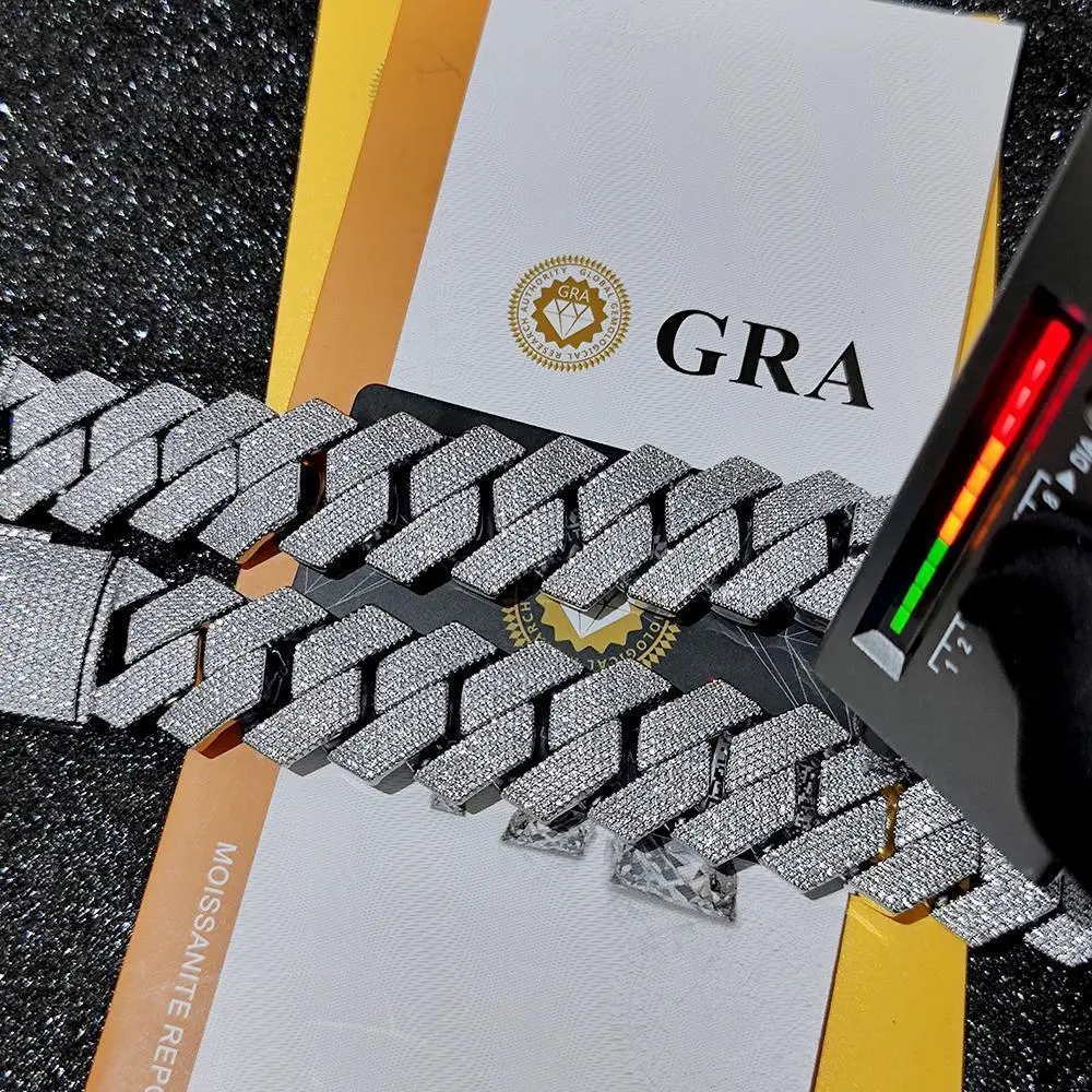 Pass Diamond Test GRA Moissanite 25mm Wide 6Rows  Solid Silver Cuban link chain for Rapper Hip Hop VVS Iced Out Necklace
