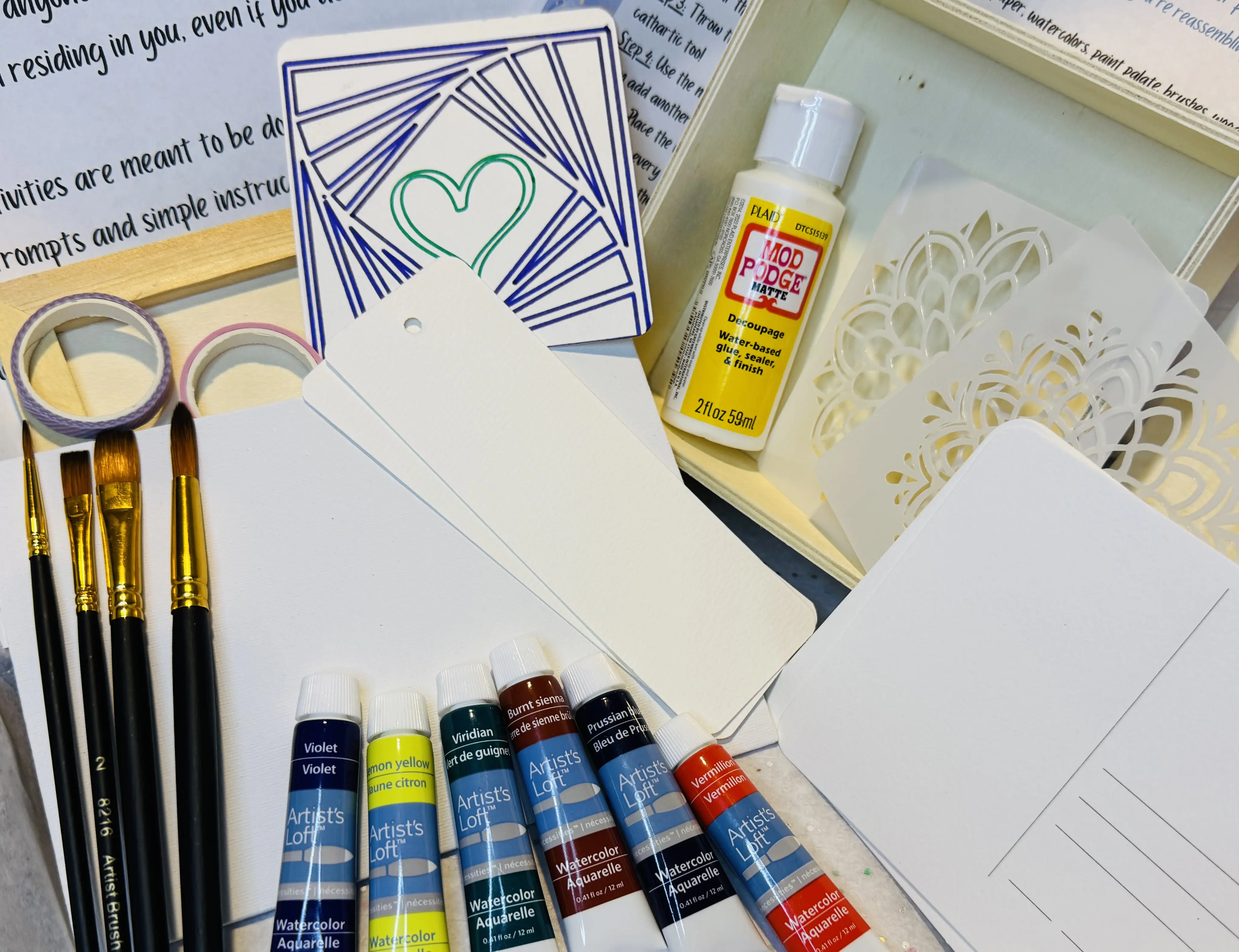 "Release & Create" Craft Kit with Video Tutorials and all supplies needed for 3 projects including Watercolor, Decoupage, Air Dry Clay, and Crochet