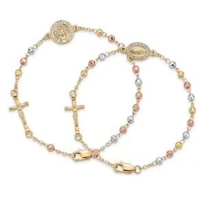 2Pcs Tri-Color Religious Bracelets, Gold Plated Jesus Cross & Saint Medal with Micro Zircon, Stackable Faith Jewelry for Women men's stainless steel
