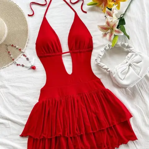 Sexy Backless Halter Statement Party Dress Aesthetic, Slim-Fitting Fitted Y2K Style, Women's Cross-Border Fashion, High-Waisted Belted Design, Perfect for Parties, Halter Sleeveless Dress
