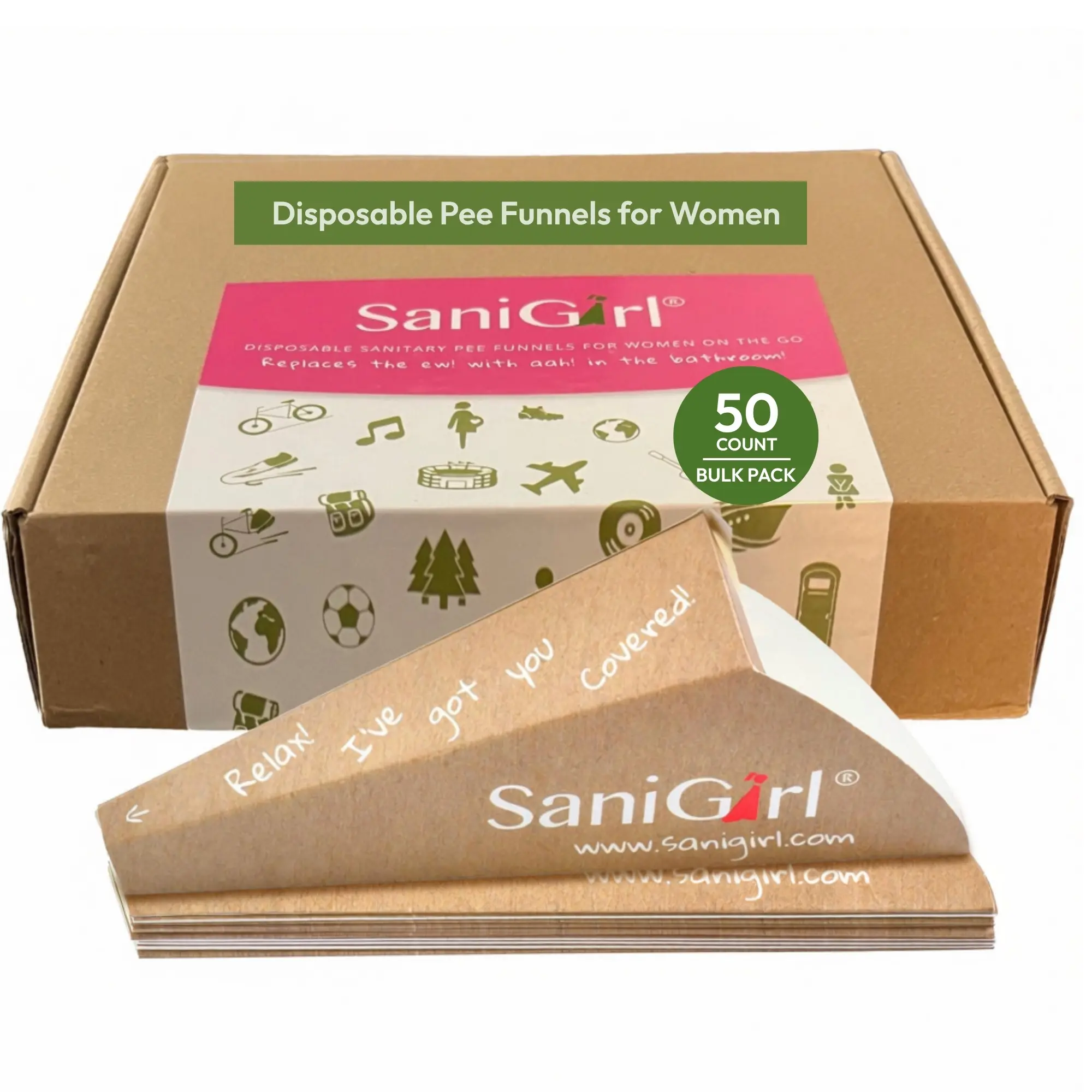 SaniGirl Pee Funnel for Women, Disposable Female Urination Device, Stand-to-Pee Travel Urinal for Camping, Hiking, Festivals, Road Trips & Public Restrooms, 50 ct Bulk Pack