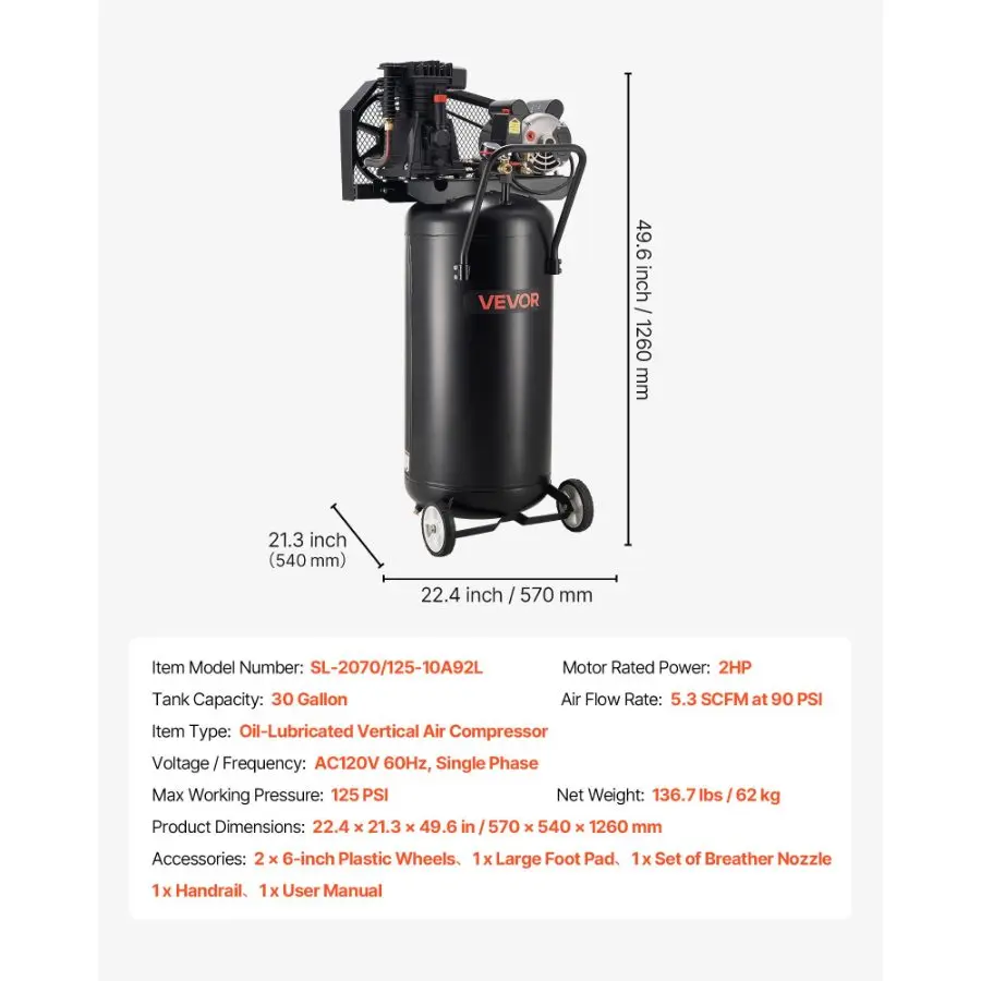 【DealsForYouDays】VEVOR 30-Gallon Air Compressor, 2HP 5.3SCFM at 90PSI, Max 125PSI Pressure Oil-Lubricated Air Compressor Tank, Portable on Wheels for Auto Repair, Tire Inflation, Spray Painting, Woodwork Nailing, 120V