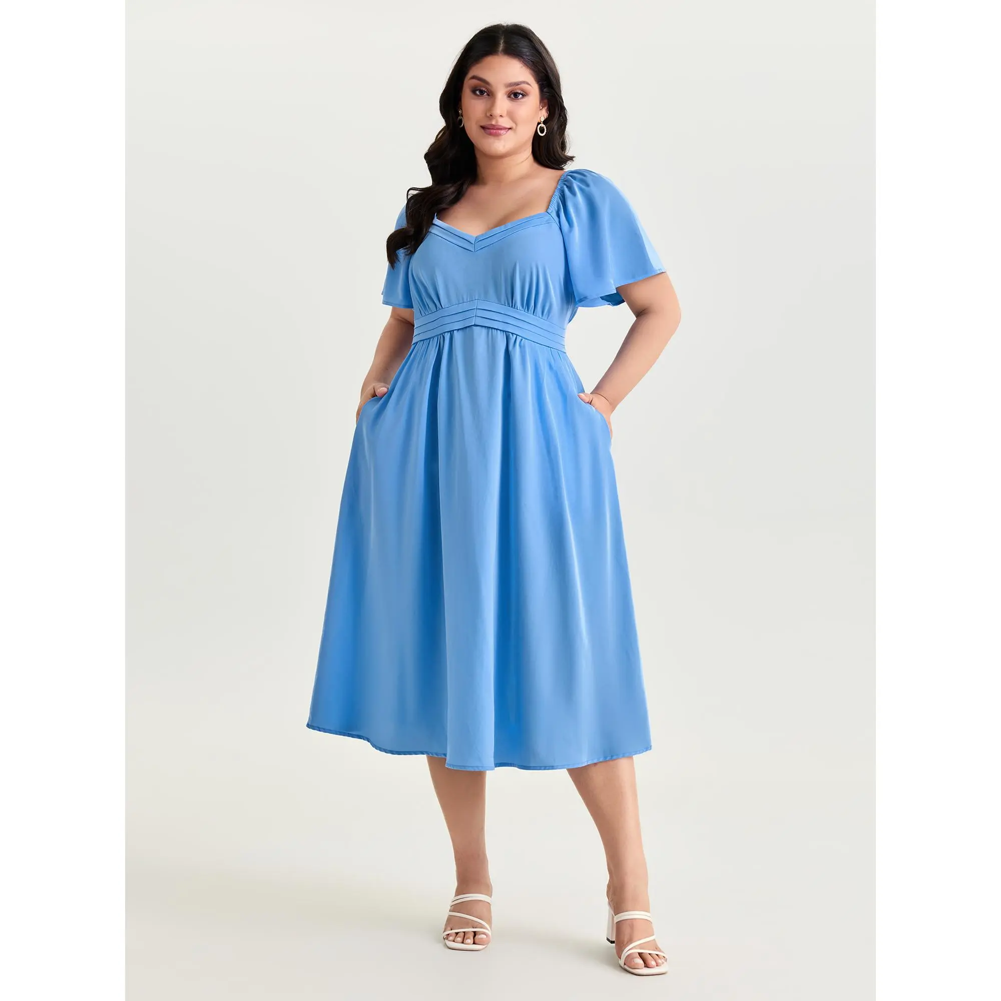 BloomChic Plus Size Women's Romantic Bell Sleeve Summer Midi Dress, Solid Low Iron Polyester with Smocked Detail, Smooth, Garment, Fabric, Plus Size Dresses, Short Sleeves, Shortsleeve, Pocket, Plus Size Fashion