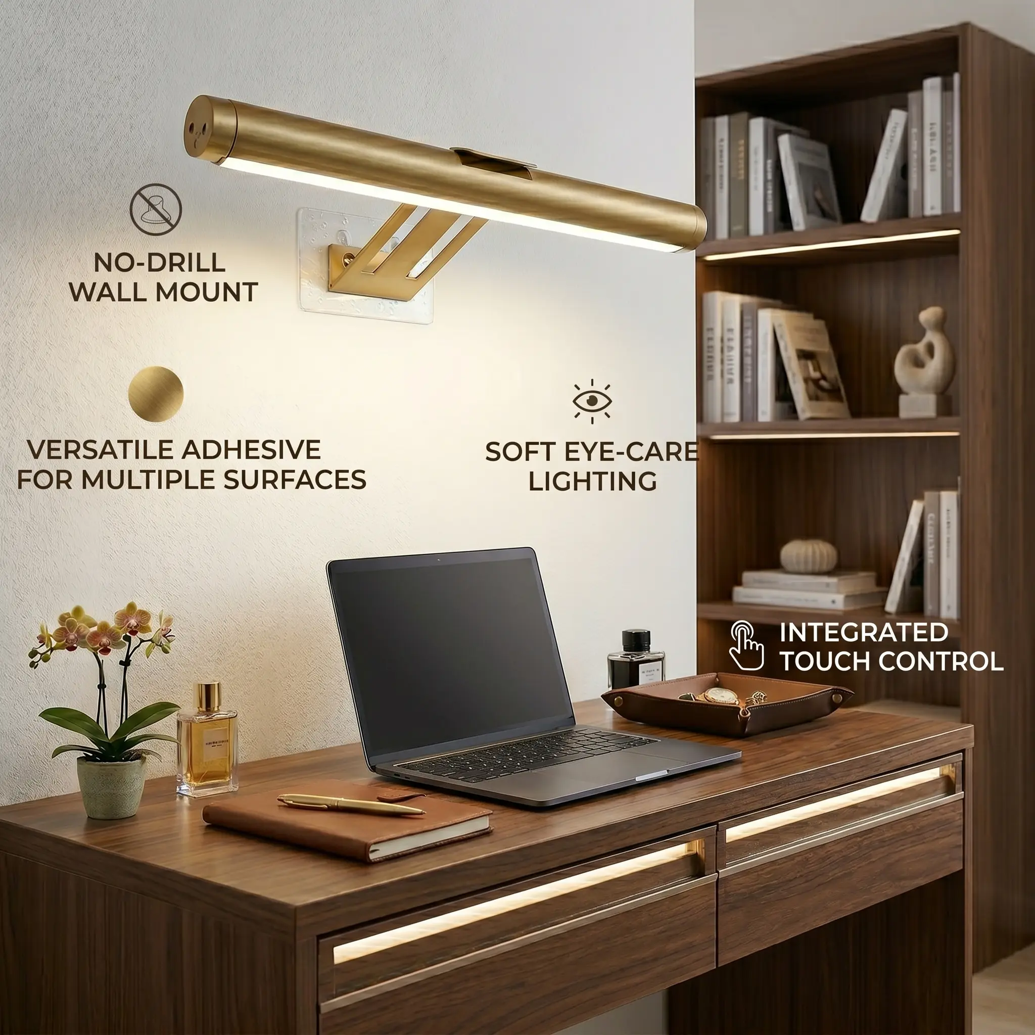 Sleek Golden LED Desk Task Light - Versatile Adhesive Wall Lamp, Energy-Efficient Soft Glow, Bedroom/Study Office Accessory That Lights Up Your Space, Light Up Your Space
