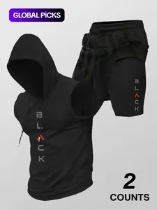 Two-Piece Set Men's Hooded Graphic Tank Top & Shorts Set, Regular Fit Casual Sleeveless Top & Shorts, Men's Clothing Set for Summer