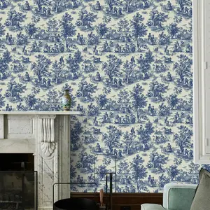 Blue French Vintage Floral Wallpaper, Waterproof Removable, Rustic Country Style, Living Room Bedroom Decor, No Drilling, Moving Gift