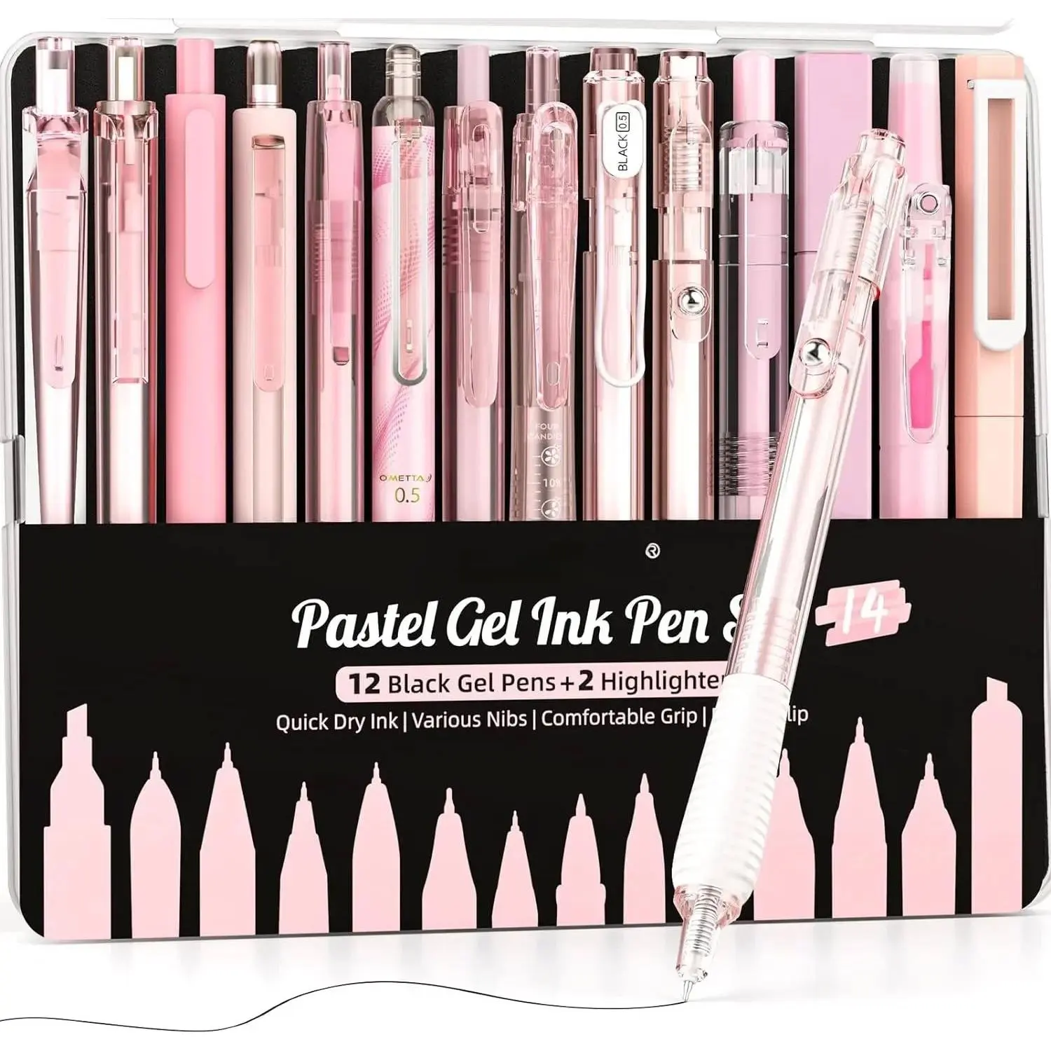 14Pack Pastel Gel Ink Pen Set,Cute Retractable 0.5mm Fine Point Pen,Note Taking Aesthetic Pens,12 Pack Black Ink Pens with 2Pack Highlighter, Smooth Writing Pens for School, Office (Pink)