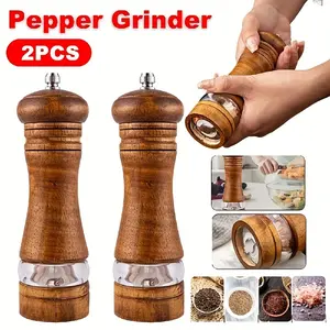 2 Pcs Pepper Grinder, Household Sea Salt Grinder, Wooden Spice Grinder, Manual Pepper Mill, Spice Masher, Refillable Spice Container, Suitable for BBQ, Picnic, Camping, Kitchen Tools, Halloween Gift, Christmas Gift, College Essentials