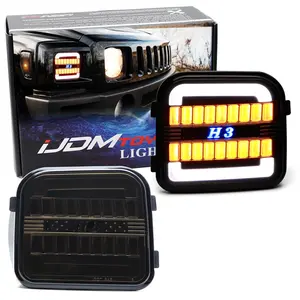 iJDMTOY Blackout Smoked Lens White LED Halo Driving Light/Amber Sequential Blink LED Front Turn Signal Light Assembly, For 2006-2010 Hummer H3/H3T