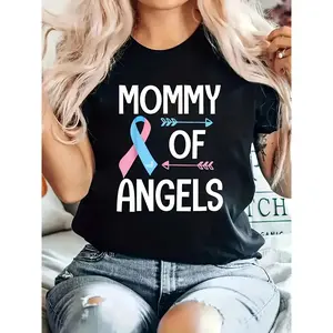 Women's Black "Mommy of Angels" Memorial T-Shirt - Pregnancy Loss Awareness Gift with Blue & Pink Ribbon Design, Stretchy Cotton-Spandex Blend, Machine Washable Casual Round Neck Tee for Spring Summer Fall, Maternity Shirts Tops Womenswear shirts women