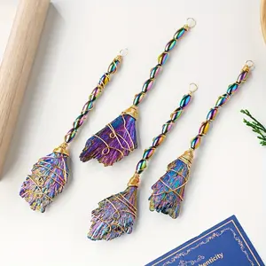 Natural Crystal Broom Aura Blaze Blue Feather Ornament, Halloween Christmas Wedding Party Supplies, Home Room Decor, Mother's Day Gift
