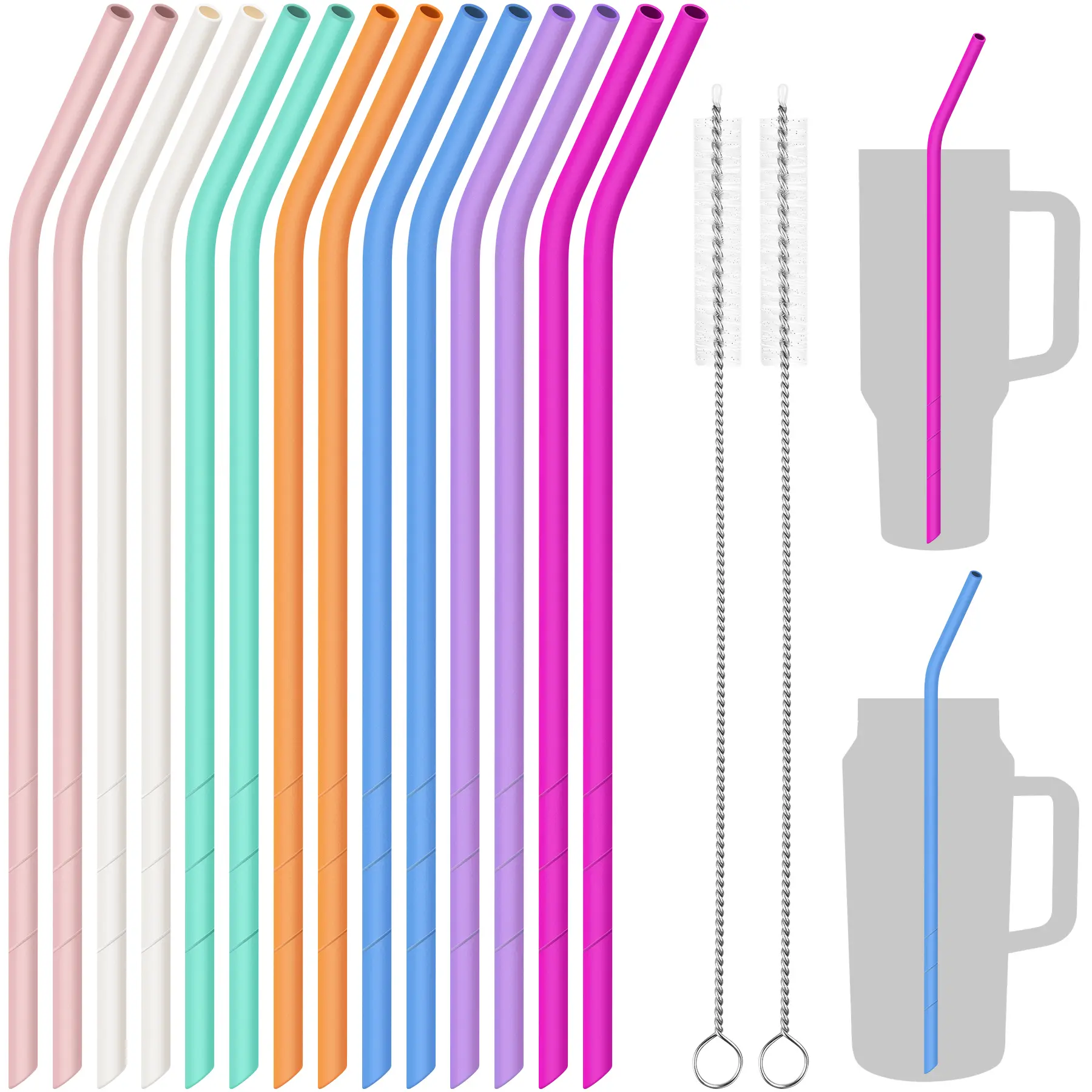 NiHome 14PCS Silicone Straws Fit for Stanley 40oz 30oz Tumbler, 14” Extra Long Reusable Drinking Straw, Flexible Can Cut Length for 1/Half Gallon 75 64 OZ Large Water Bottle - 2 Cleaning Brushes