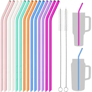 NiHome 14PCS Silicone Straws Fit for Stanley 40oz 30oz Tumbler, 14” Extra Long Reusable Drinking Straw, Flexible Can Cut Length for 1/Half Gallon 75 64 OZ Large Water Bottle - 2 Cleaning Brushes
