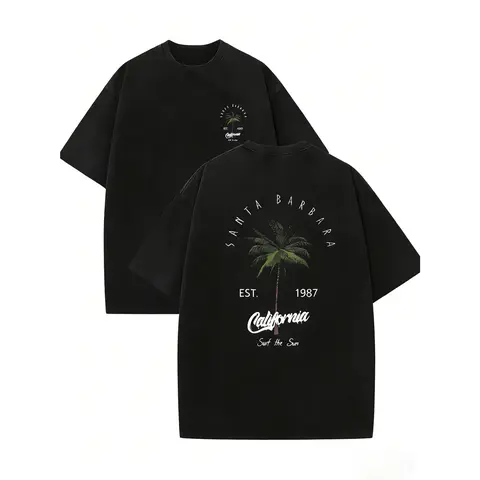 Men's Retro California Style Cotton Streetwear T-Shirt - Est.1989 Coconut Tree Design, TiedyeT Back, Classic Basic Menswear, Short Sleeves, Round Neck, Casual Summer Fabric, Machine Washable (Sports Top)