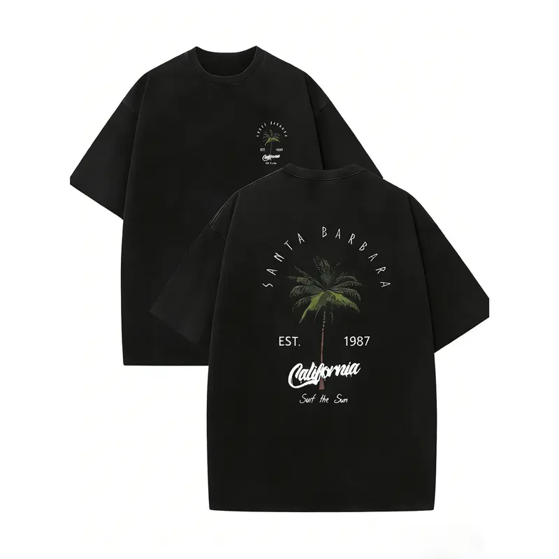 Men's Retro California Style Cotton Streetwear T-Shirt - Est.1989 Coconut Tree Design, TiedyeT Back, Classic Basic Menswear, Short Sleeves, Round Neck, Casual Summer Fabric, Machine Washable (Sports Top)