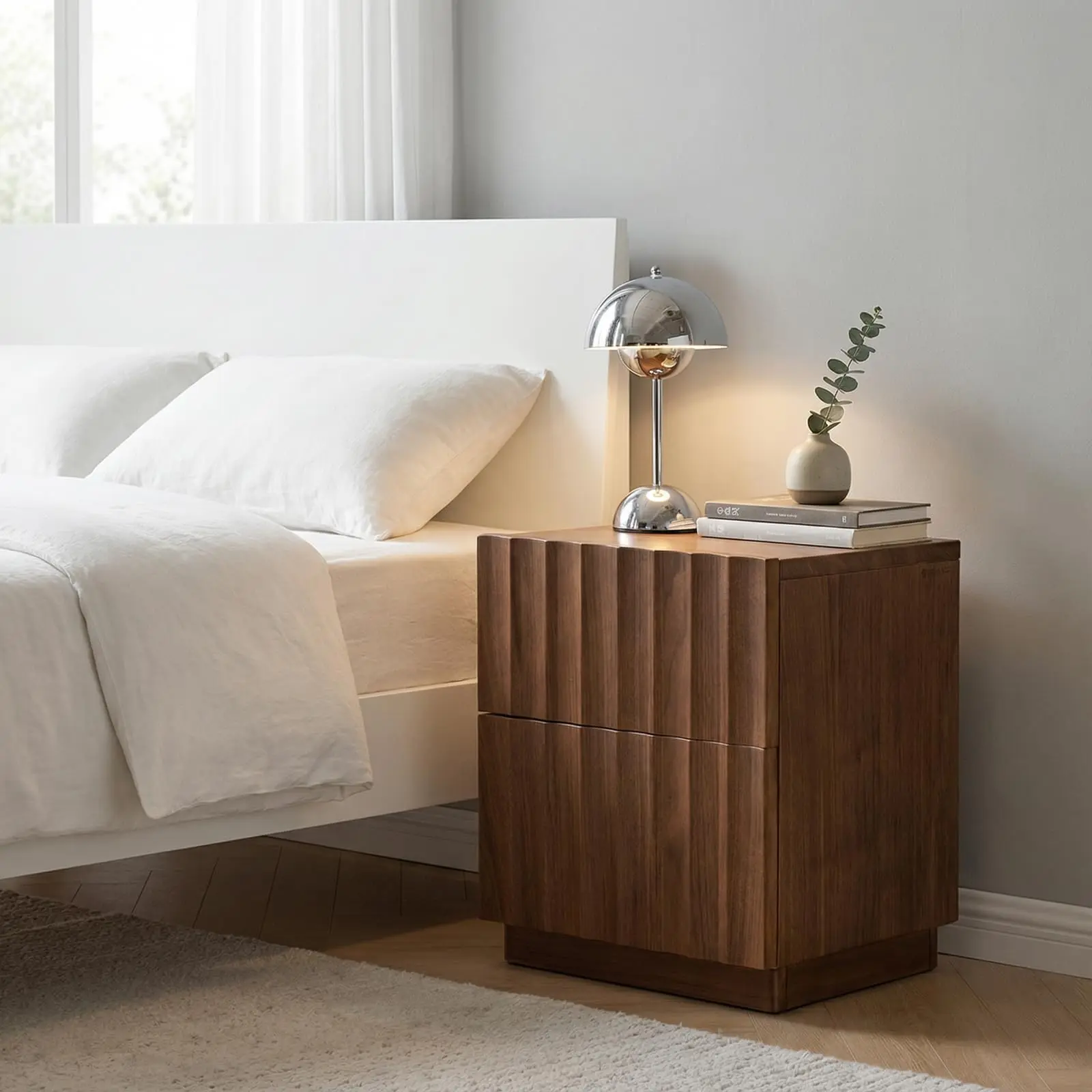 YESWOOD Solid Walnut Nightstand, Fluted Nightstands with 2 Drawers, Wooden Night Stand, Small Bedside Table for Low Bed, Mid Century Night Stands for Bedroom, Modern End Table for Living Room(19.49"H)