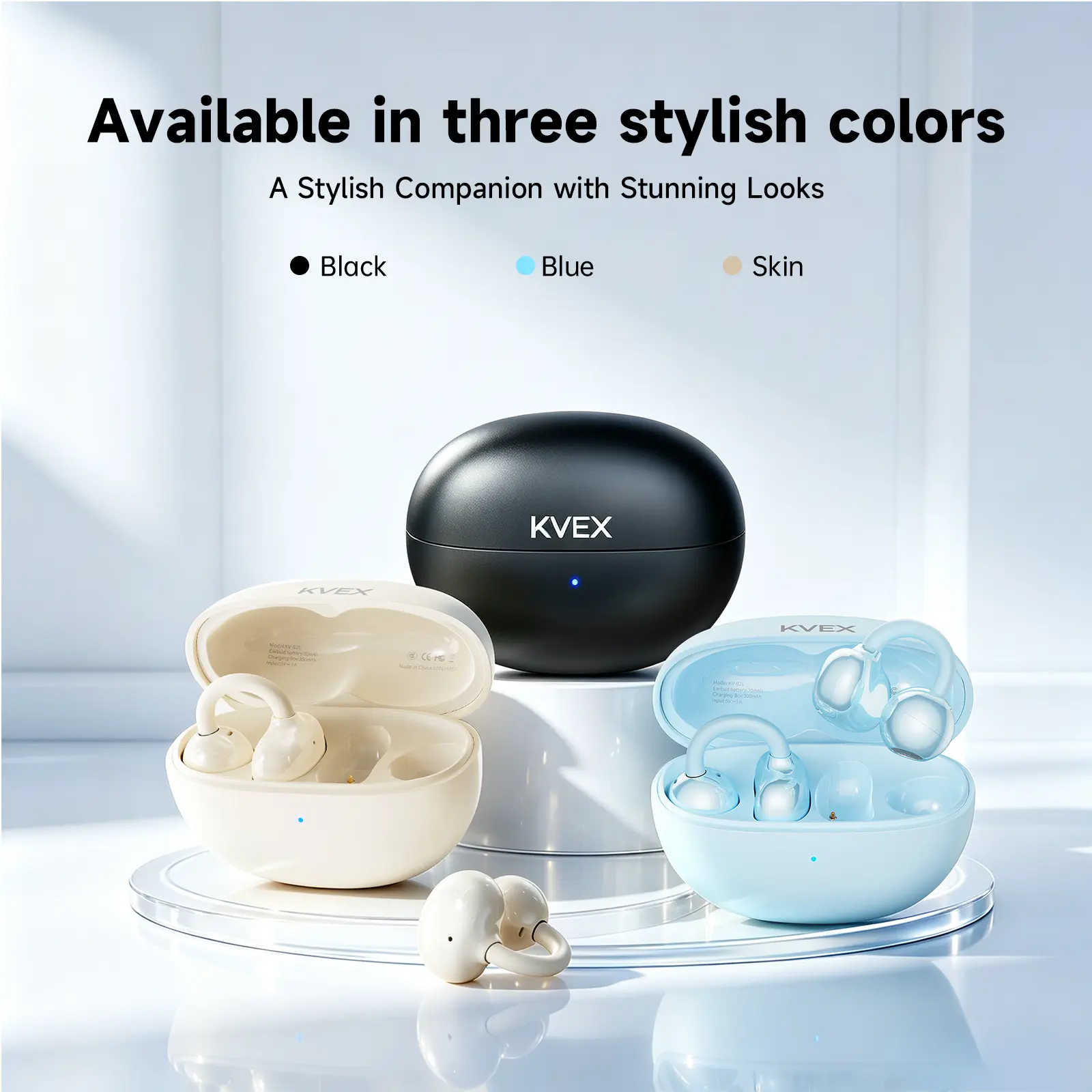 KVEX ARC OWS Clip-On Wireless Earbuds, Open Ear Bluetooth 6.0 Headphones, 12mm Drivers, IPX4, Blue or Beige