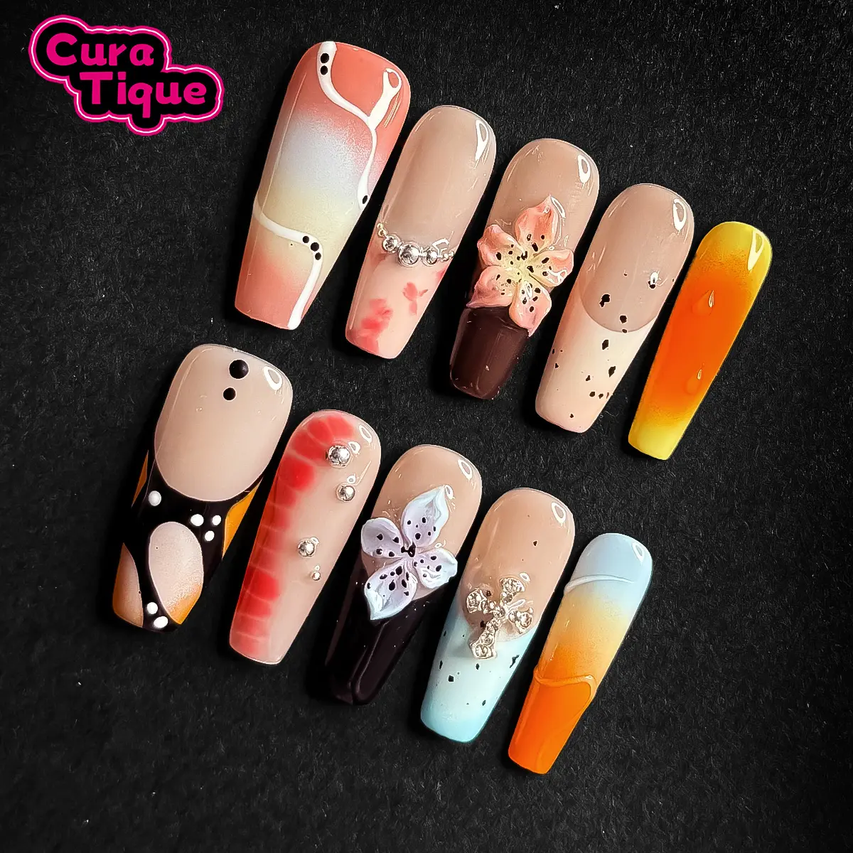 CuraTique Dark Blossom Flower Nails - 10PCS Handmade Reusable 3D Gel Press-Ons, DIY Nail Art for 2025 Spring/Summer Prom