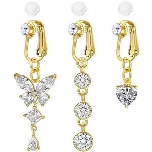 Women's Non-Piercing Painless Clip-On Belly Button Rings - 3-Piece Sparkling Crystal Butterfly-Heart Set, Indoor Recreation Body Jewelry for Christmas, Birthday Gifting (Includes Clip-On Earrings Complement)