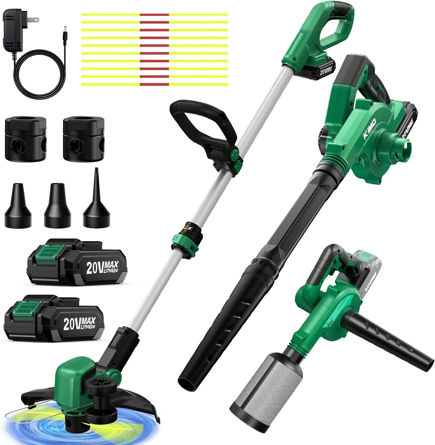 KIMO 20V 2-in-1 Weed Wacker & Blower Combo w/2 x 2.0Ah Batteries, Charger, Brushless Motor, Ergo Handle, 20000RPM 12" 2-in-1 String Trimmer/Edger (10PCS Cutting Lines), 260CFM/190MPH Cordless Leaf Blower w/Vacuum, 3 Nozzles, 2 X 2.0Ah Battery
