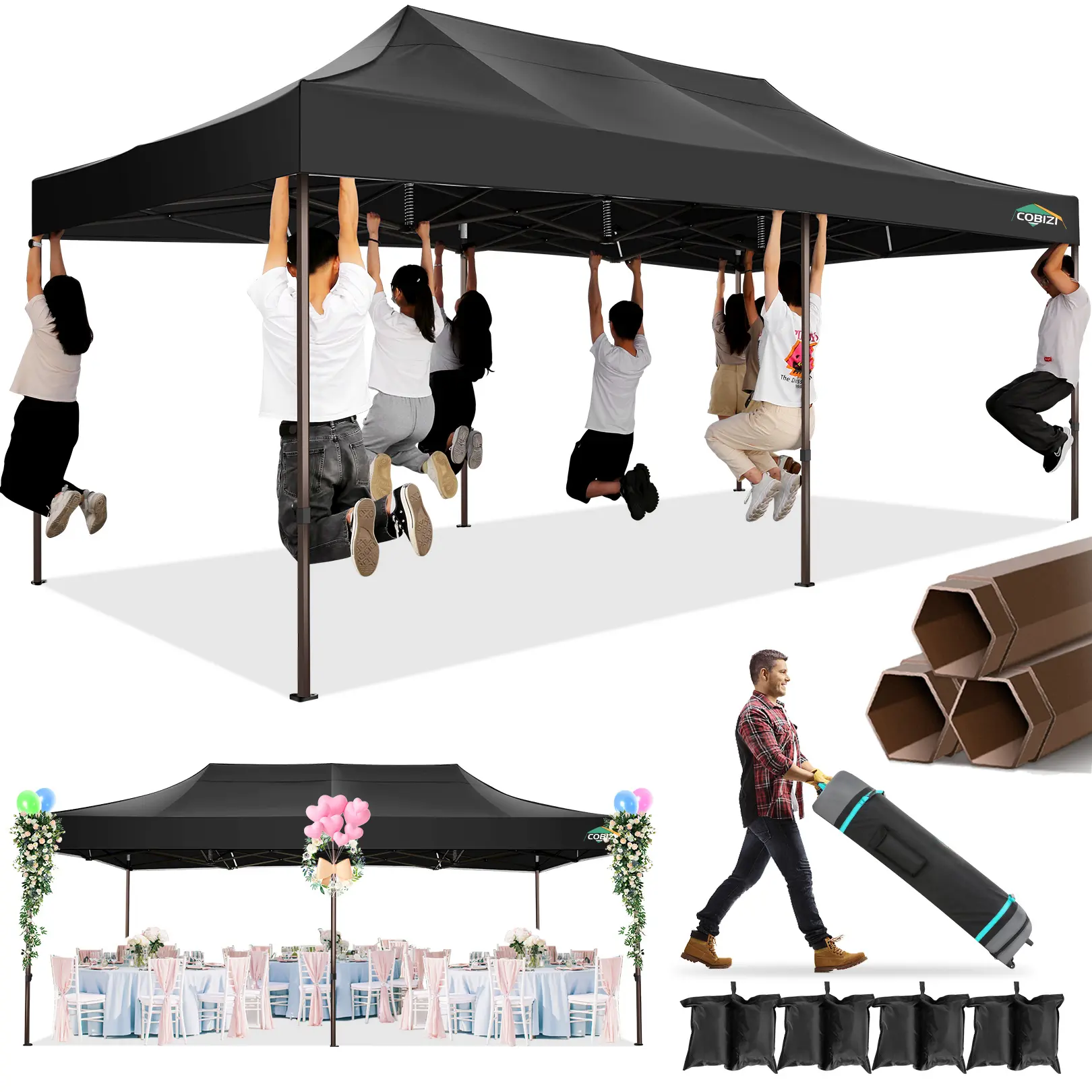 COBIZI 10x20 Heavy Duty Pop Up Canopy Tent, Ideal for Parties & Weddings, UPF50+, with Roller Bag