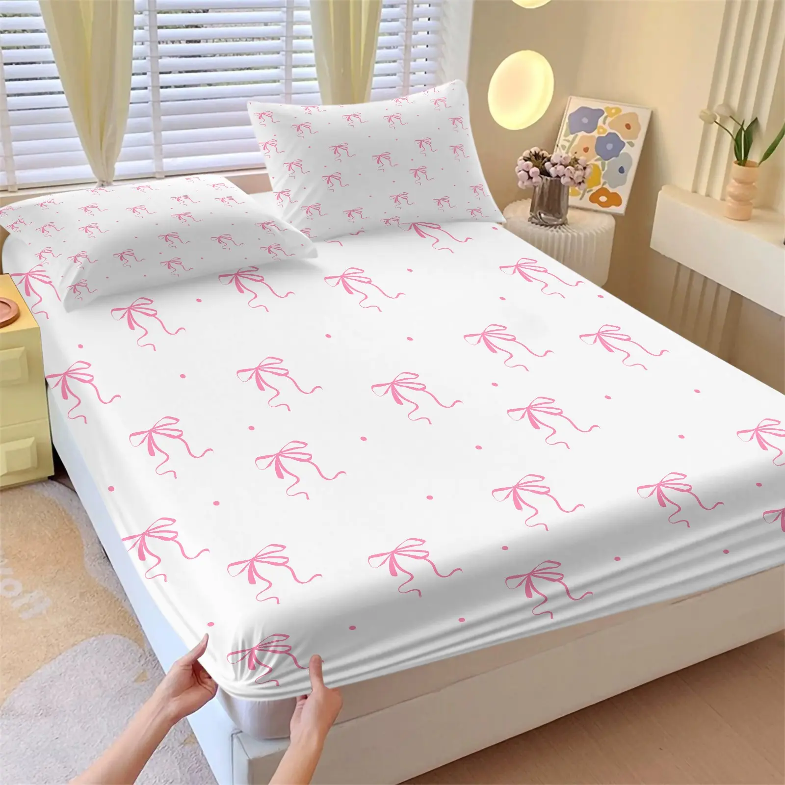 Pink Bow Fitted Sheet Set - 3 Piece Soft Breathable Deep Pocket Bedding with 2 Pillowcases, Coquette Aesthetic Bedsheet Bed Sheets for Girls Bedroom Decor, Full Size Bed Sheet Sets