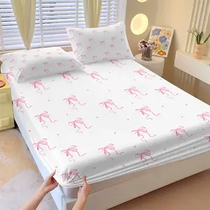 Pink Bow Fitted Sheet Set - 3 Piece Soft Breathable Deep Pocket Bedding with 2 Pillowcases, Coquette Aesthetic Bed Sheets for Girls Bedroom Decor, Full Size, Decorative Bedsheet Sets