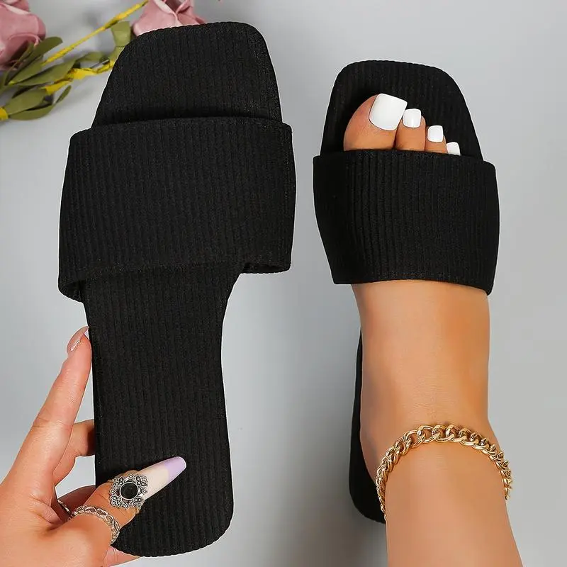 Women's Solid Color Slide Sandals, Casual Square Open Toe Flat Shoes, Lightweight Slide Sandals Girl Black sandals