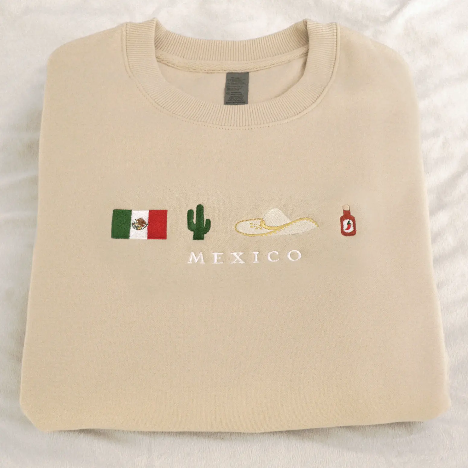Mexico Embroidered Sweatshirt, Crewneck, Sweater, Black, Beige, Cotton, Mexican, Flag, Sombrero Mariachi, Hot Chili Pepper, Cactus, Cinco de Mayo, Dia De Los Muertos, Taco Tuesday, Dia de la Independencia, Bordado, Picante, Latino, Orgullo, Viva Mexico