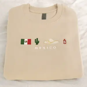 Mexico Embroidered Sweatshirt, Crewneck, Sweater, Black, Beige, Cotton, Mexican, Flag, Sombrero Mariachi, Hot Chili Pepper, Cactus, Cinco de Mayo, Dia De Los Muertos, Taco Tuesday, Dia de la Independencia, Bordado, Picante, Latino, Orgullo, Viva Mexico