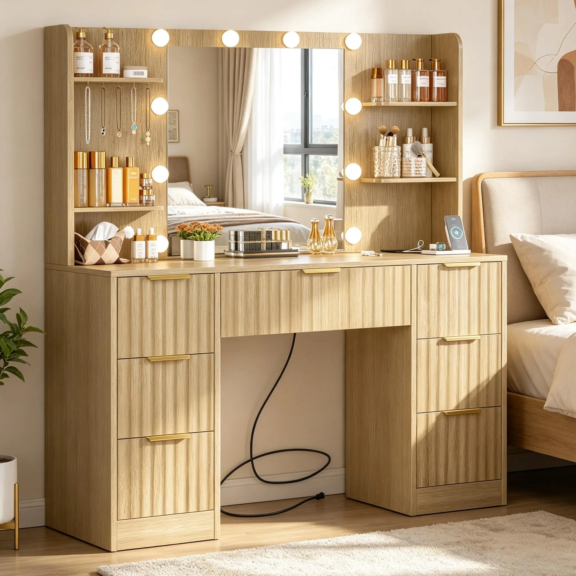 Fluted Vanity Desk with Mirror and Adjustable LED Lights & Power Outlet, Makeup Vanity Desk with 7 Drawers,4 Shelves and 5 Hooks, Vanity for Girls, Natural Oak campingessentials