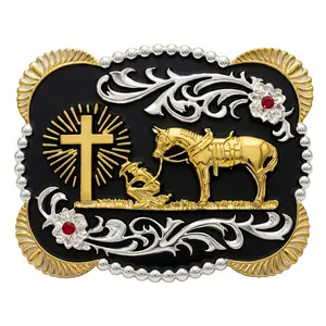 Heavy Duty Men's Western Belt Buckle with Praying Cowboy Animal Motif, Rhinestone Decor, Styling Cross Design, Snap-Closure for Rodeo Use, Rhinestone Decor Belt, Styling Cross Belt