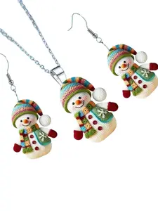 Cute Snowman Design Pendant Necklace and Earrings Set, Fashion Jewelry for Parties, Daily Wear, Versatile Accessory