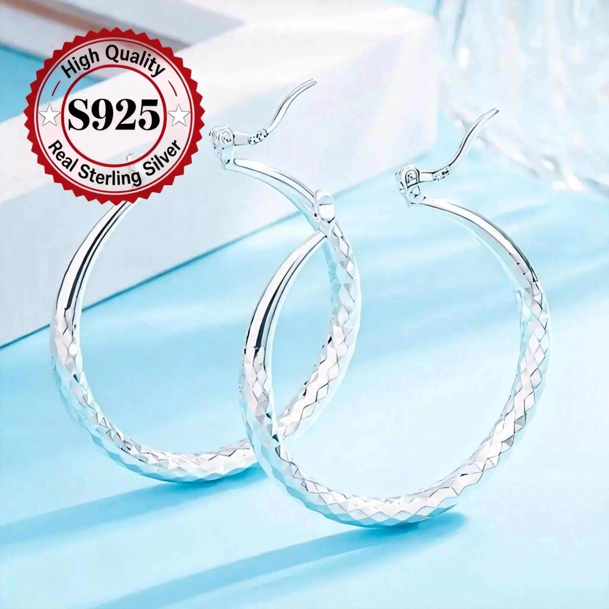 Statement Hoop Earrings for Women, Large 5cm Diamond-Cut Bold Design in 925 Sterling Silver Plate, Lightweight & Hypoallergenic for a Night Out
