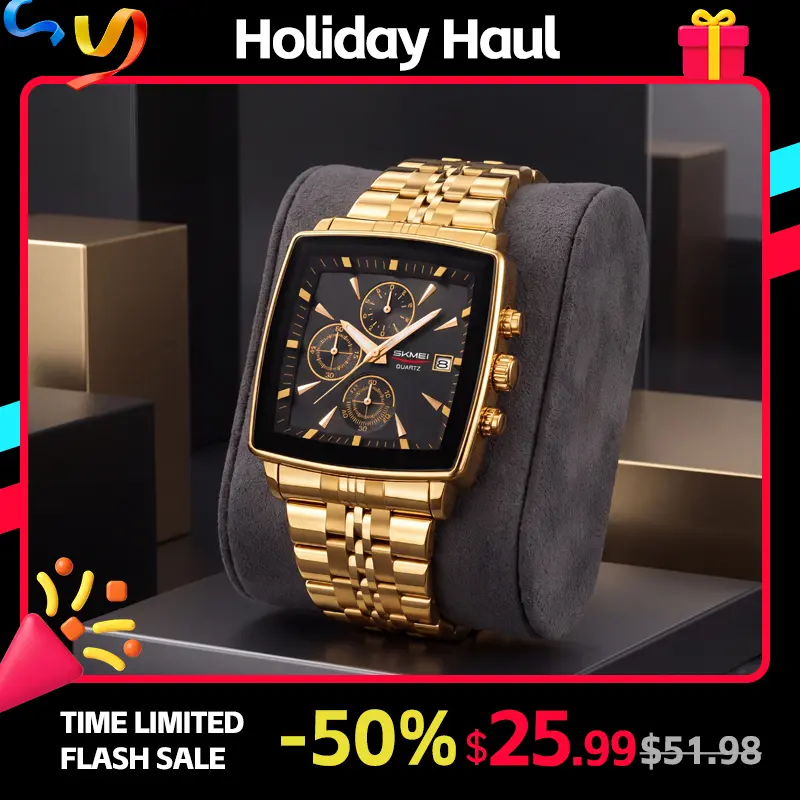 SKMEI Men's Square Quartz Watch - Multifunctional Stainless Steel Band Wristwatch with 3 Sub-Dials, Stopwatch, Date Window, Water Resistance, Modern Fashionable Business & Casual Timepiece for Daily Use & Gifting, Water Resistant Watch, Fashionable Waterp