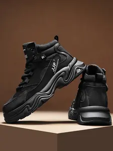1 Pair Men's Black Brown Color Block High Top Casual Shoes Retro Workwear Style Wear-resistant Leather Thick Sole Comfortable Outdoor Daily Wear