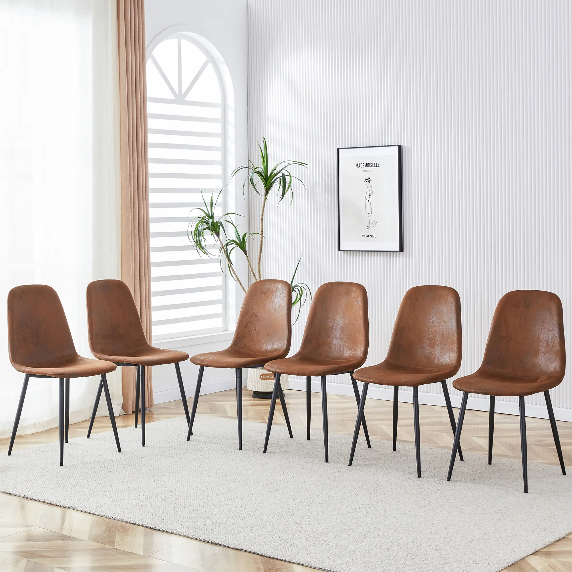 6 Brown Techno-Fabric Armchairs with Black Metal Legs and Soft Suede Cushions, Modern Medieval Dining Chairs for Kitchen, Dining Room, Lounge, Farmhouse, Office, Quick Assembly in 10-15 Min