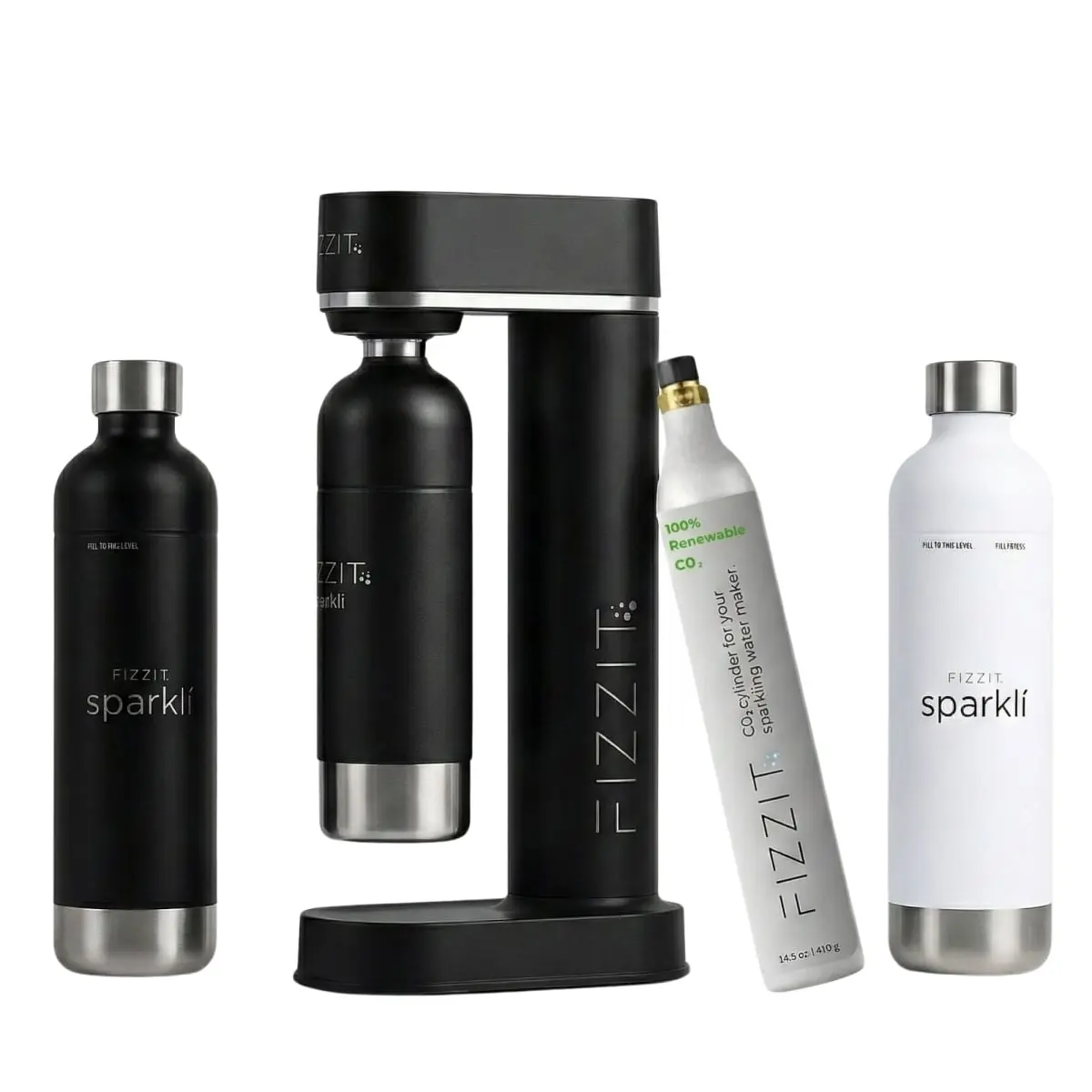 FIZZIT SPB-1C-1SSBW FIZZIT Duo Hydration Set (Includes soda maker, 1 CO2 cylinder & 2 stainless bottles (Black + White)
