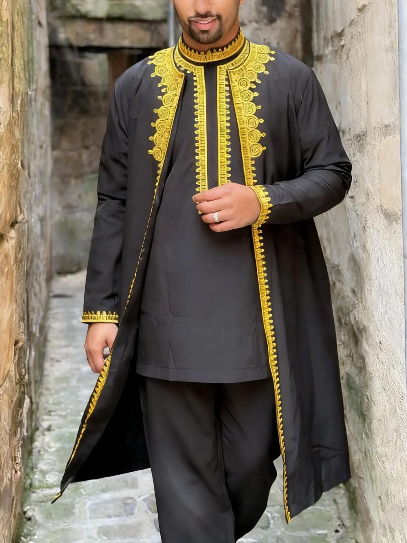 Men's Agbada Dashiki Summer Outfit Set, Eyelet Embroidered Paisley Blouse & Long Sleeve Pants, Loose Fit Design, Traditional Ideal for Parties & Daily Wear, Summer Outfits Set