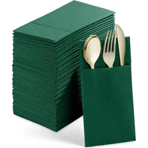 50 PCS Disposable Linen-Feel Dinner Napkins with Built-in Flatware Pocket Prefolded Cloth Like Paper Napkins for Wedding Party