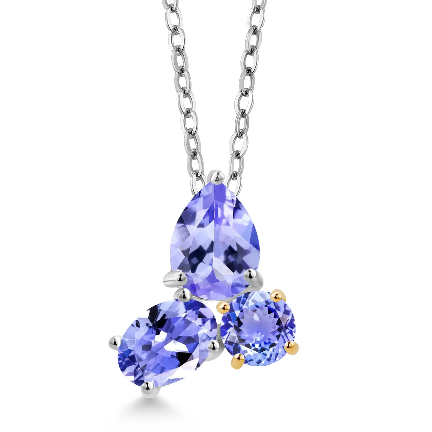 1.97 Cttw Blue Tanzanite 3-Stone Pendant Necklace for Women | 925 Silver and 10K Yellow Gold | | Gemstone Birthstone | Pear Shape 8X6MM | Oval 7X5MM | Round 5MM | 18 Inch Chain