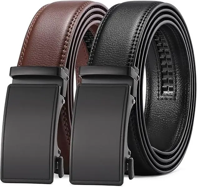 Men's 2 Pack Ratchet Belt Set in Giift Box - Adjustable Leather Belts for Dre   ss & Casual Wear - Perfect Fit for Various Waist Sizes