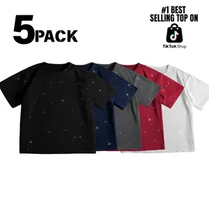Men’s 5-pack short-sleeve T-shirts with dandelions print, American crew neck, loose drop-shoulder design, breathable fabric. Summer casual, versatile trendy piece for men—TikTok best-selling basic base layer. Loose fit that accommodates diverse body types