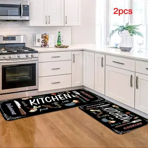 1/2 piece of ink kitchen pattern kitchen floor mat, Farmhouse Kitchen Rugs, suitable for bedroom bedside decoration, living room home decoration, balcony decoration, hotel decoration, entrance, kitchen, bathroom and other places, available all year round