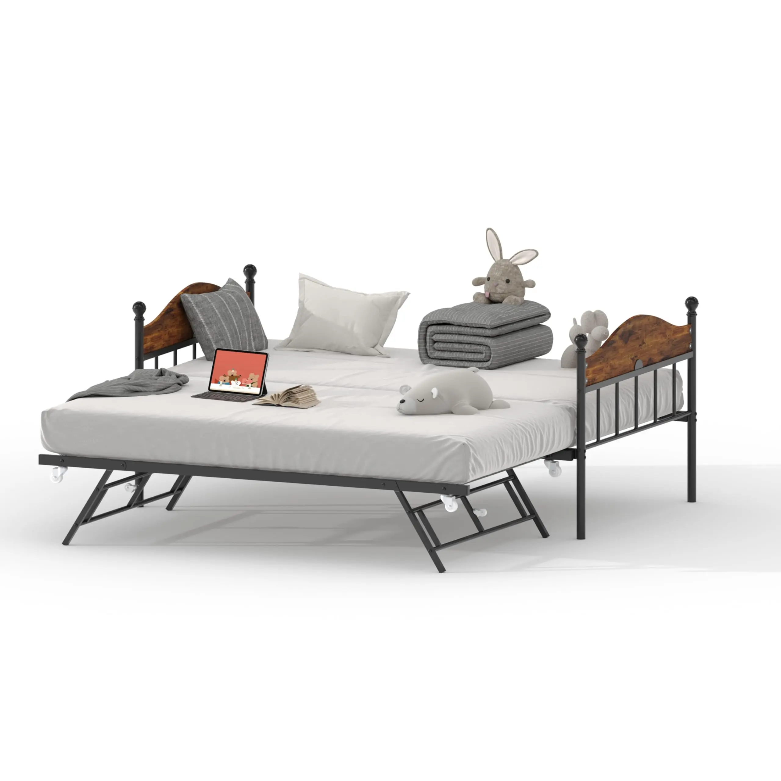 Garvee Twin Daybed with Foldable Metal Trundle and Industrial Lockable Casters, Stylish Headboard, Sofa Bed Frame for Living Room, Bedroom, and Guest Room in Brown