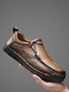 Men's Fashion Casual Leather Shoes, Large Size Hand-Stitched Low Top, Simple Slip-On Loafers, Comfortable Soft Rubber Sole, All-Season Business & Leisure Footwear
