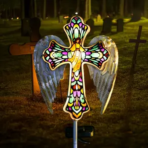 Solar Colored Glass Cross Lights Cemetery Solar Lights For Grave Decorations Outdoor Waterproof IP44, Cross Angel Wings Memorial Of Mother, Unique Gardening Gifts For Mom Women For Lawn Yard Garden Decor cheetah resin sculpture room essential