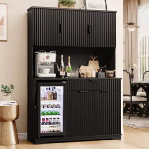 MIIFUNY 69" Fluted Wine Bar Cabinet with Fridge (Included), Modern Coffee Bar Cabinet with Storage Hutch, Tall Mini Fridge Cabinet with Drawers, Kitchen Pantry for Living Room, Dining Room, Black